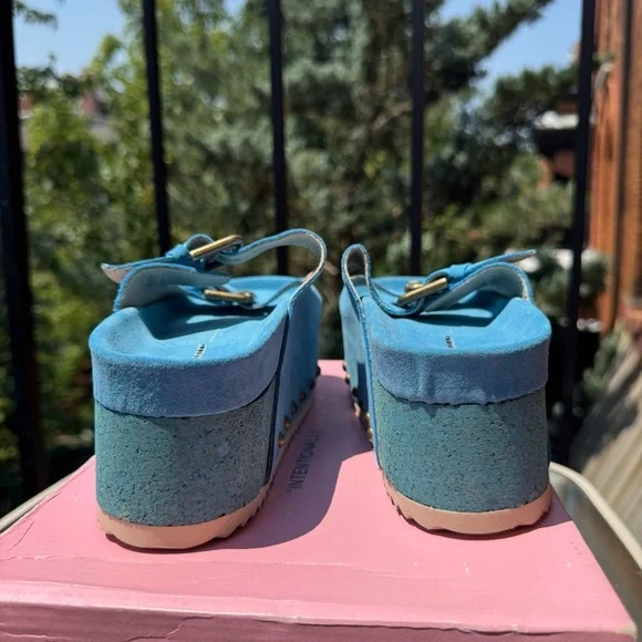 New Free People Rule Breaker Flatform Sandal Shoes Platform Suede Blue Capri 36